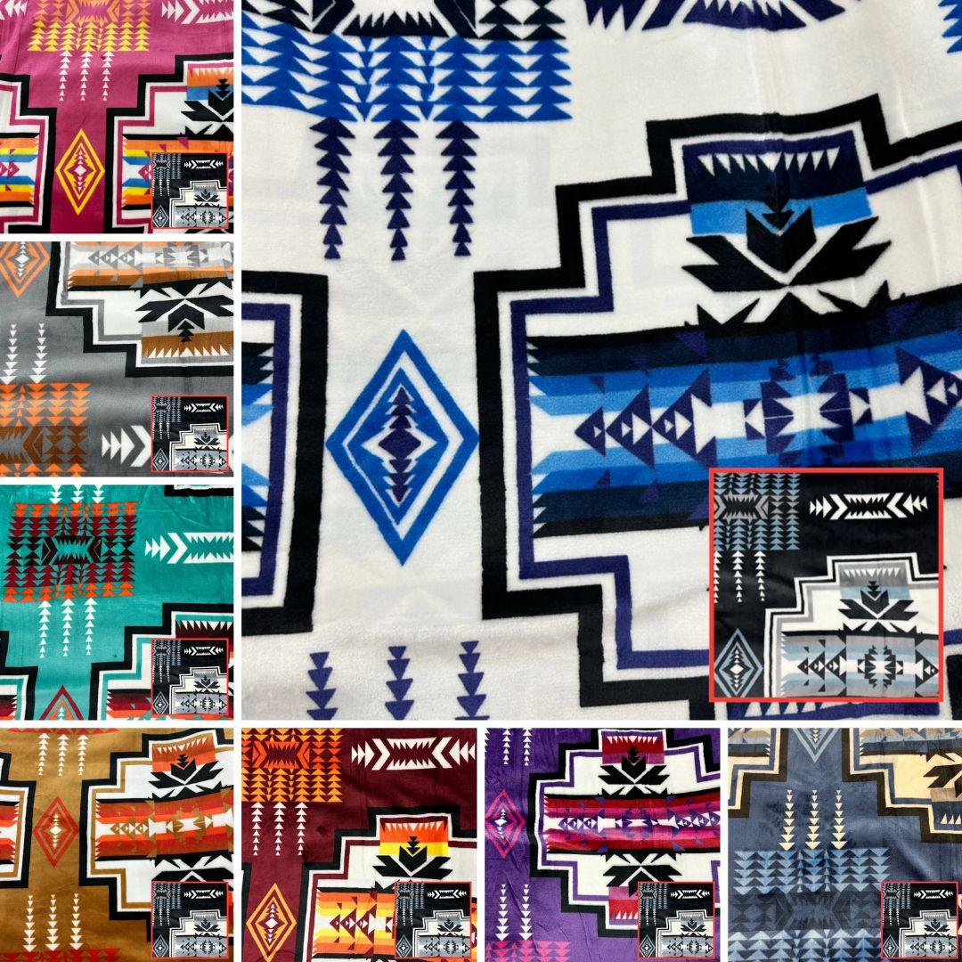 Geo-Storm Reversible Native-Inspired Satin-Touch Blanket collection available in multiple Southwestern-inspired colorways.