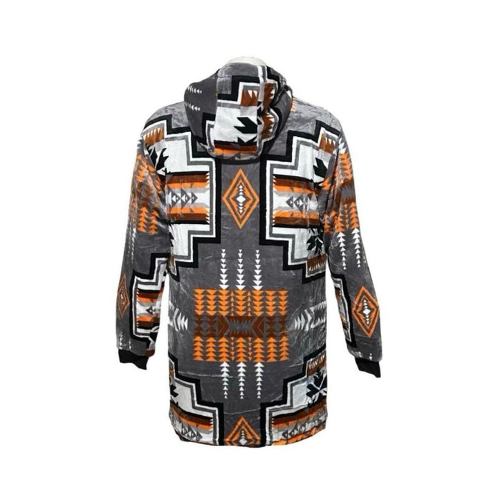 Back view of the gray Geo-Storm Long Satin-Touch Southwestern Style Jacket with Southwestern tribal-inspired pattern details.