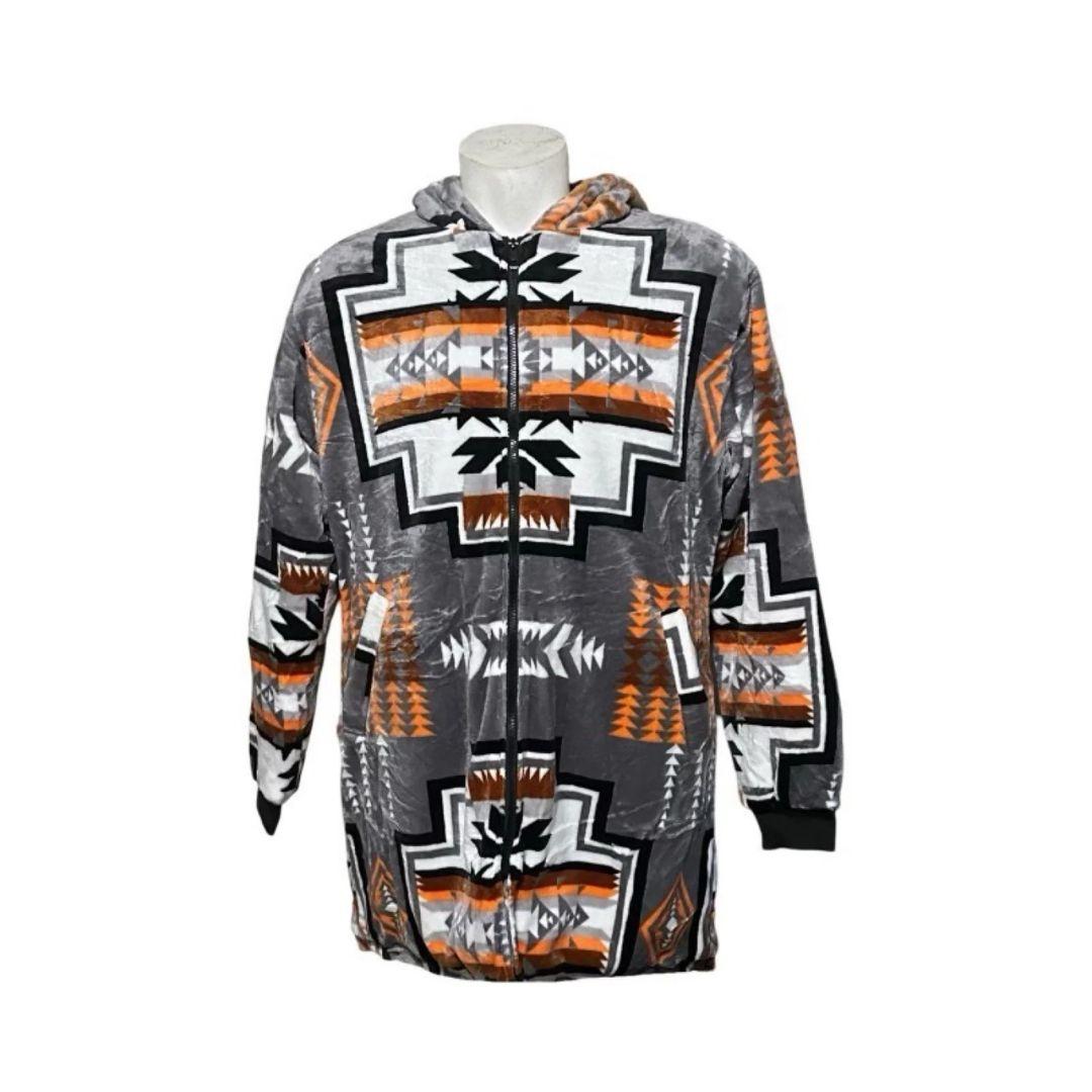 Front view of the gray Geo-Storm Long Satin-Touch Southwestern Style Jacket with orange and black Southwestern geometric designs.
