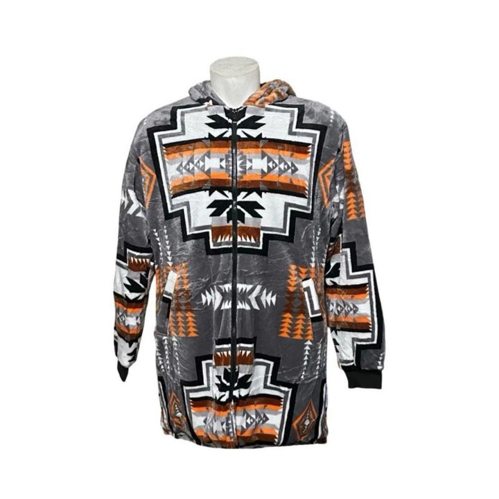 Front view of the gray Geo-Storm Long Satin-Touch Southwestern Style Jacket with orange and black Southwestern geometric designs.