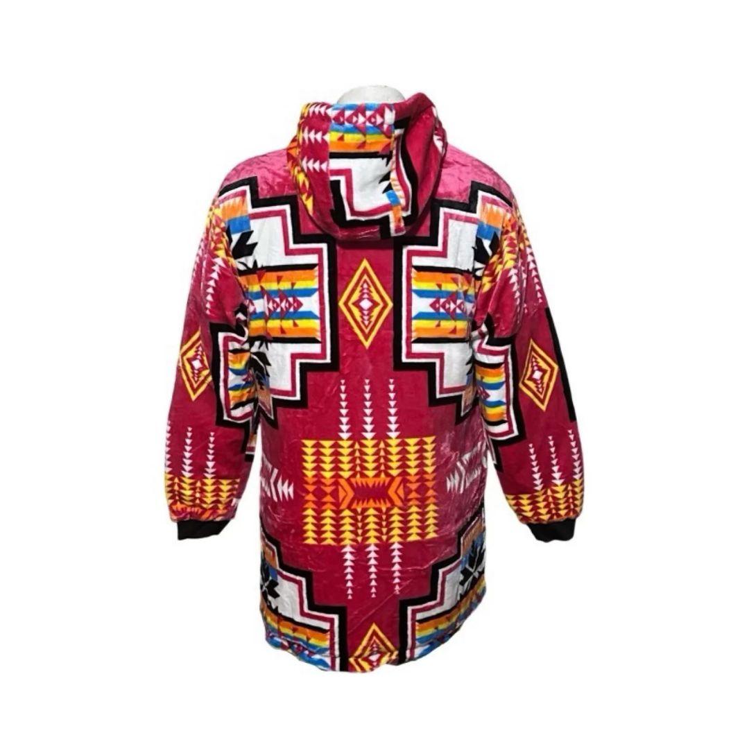 Back view of the pink Geo-Storm Long Satin-Touch Southwestern Style Jacket featuring layered Native-inspired geometric artwork.