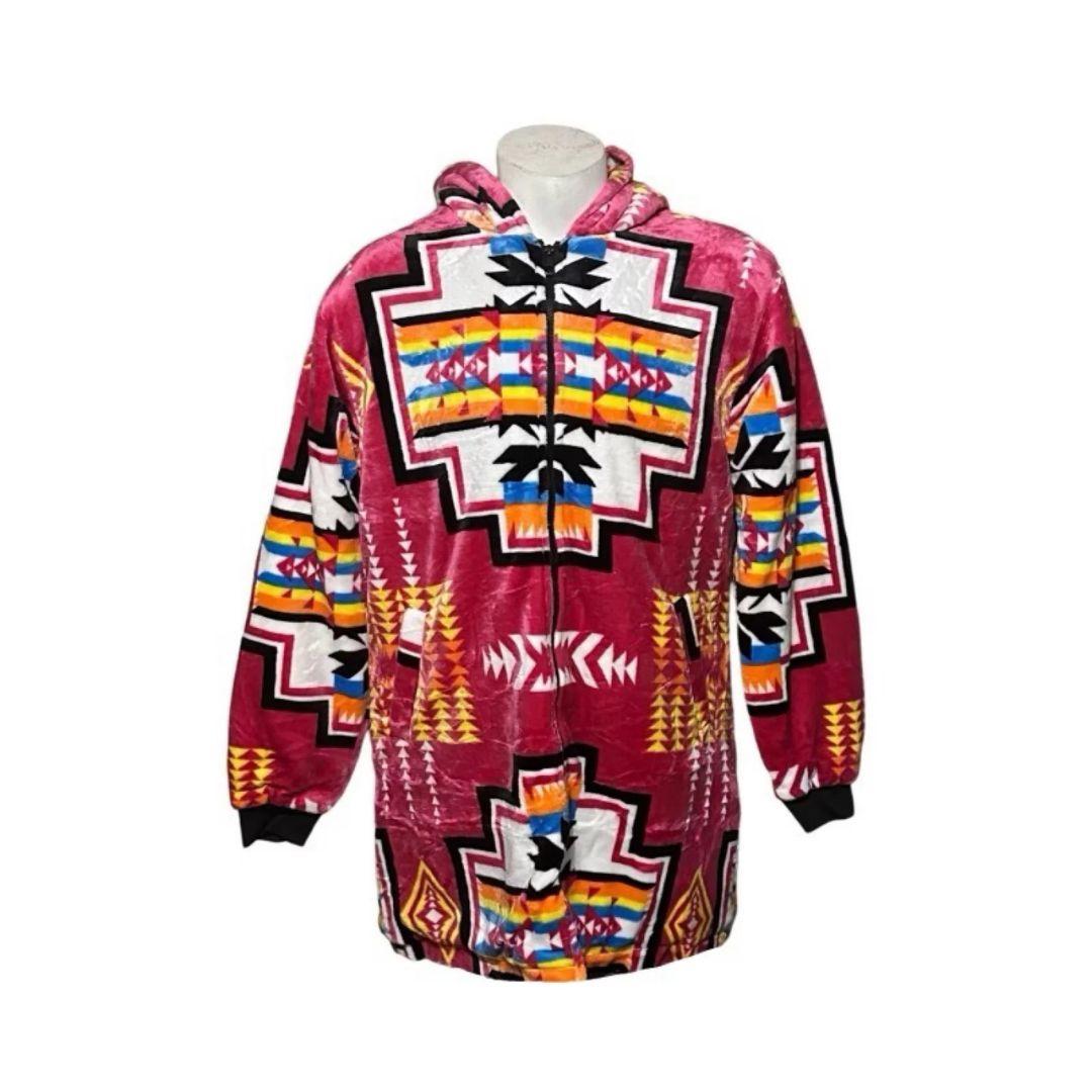 Front view of the hot pink Geo-Storm Long Satin-Touch Southwestern Style Jacket featuring colorful Native-inspired geometric artwork and hood.