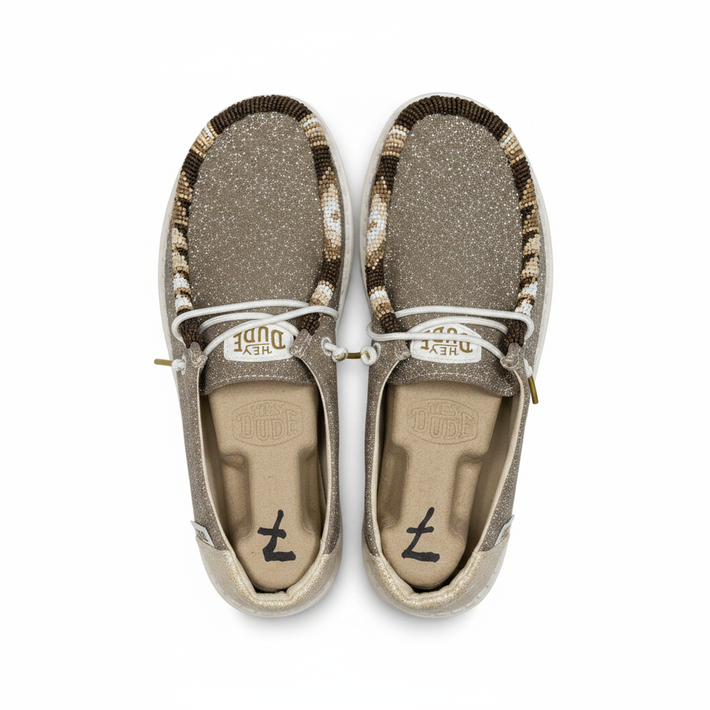 Women’s Hand-Beaded Hey Dude Metallic Sparkle Gold Slip-On Shoes, Size 7