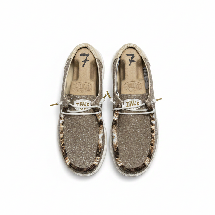 Women’s Hand-Beaded Hey Dude Metallic Sparkle Gold Slip-On Shoes, Size 7