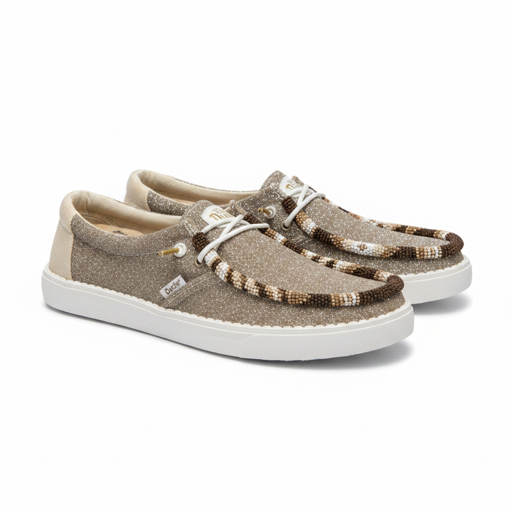 Women’s Hand-Beaded Hey Dude Metallic Sparkle Gold Slip-On Shoes, Size 7