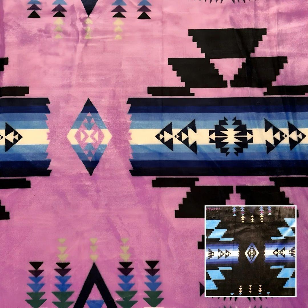 Lilac Southwestern-style plush blanket with bold Native-inspired geometric diamond and stripe patterns.