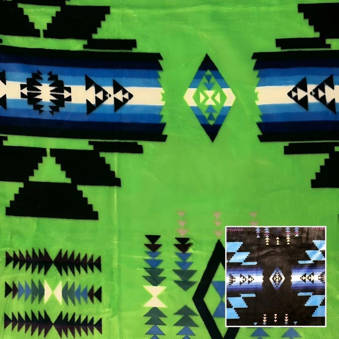 Lime green Southwestern-style plush blanket with bold Native-inspired geometric diamond and stripe patterns.