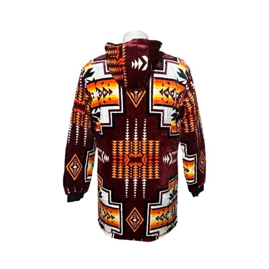 Back view of the maroon Geo-Storm Long Satin-Touch Southwestern Style Jacket with Southwestern tribal-inspired pattern details.