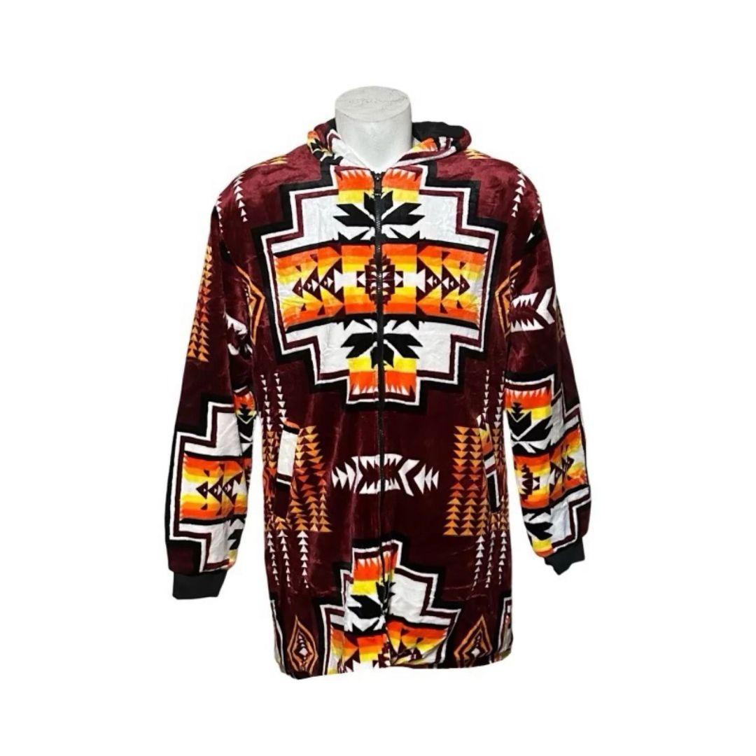 Front view of the maroon Geo-Storm Long Satin-Touch Southwestern Style Jacket with orange and black Southwestern geometric designs.
