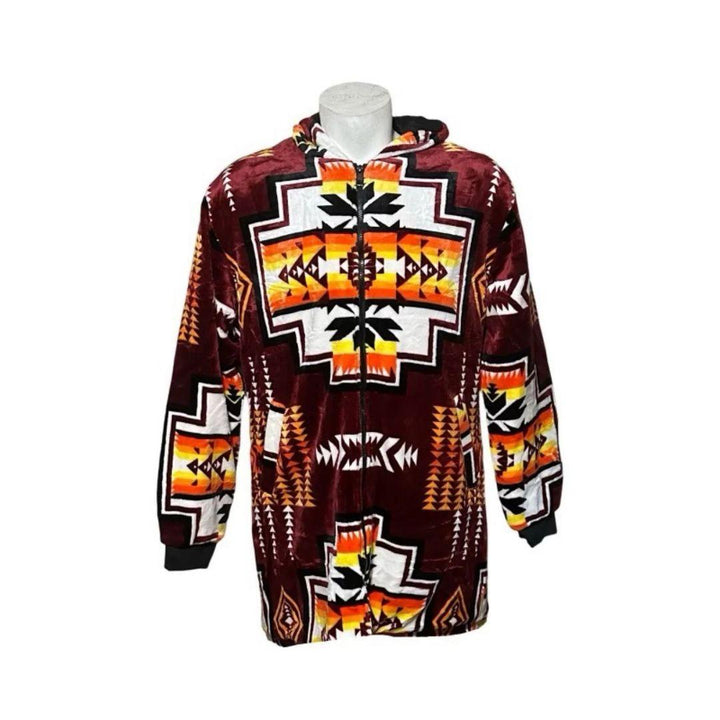 Front view of the maroon Geo-Storm Long Satin-Touch Southwestern Style Jacket with orange and black Southwestern geometric designs.
