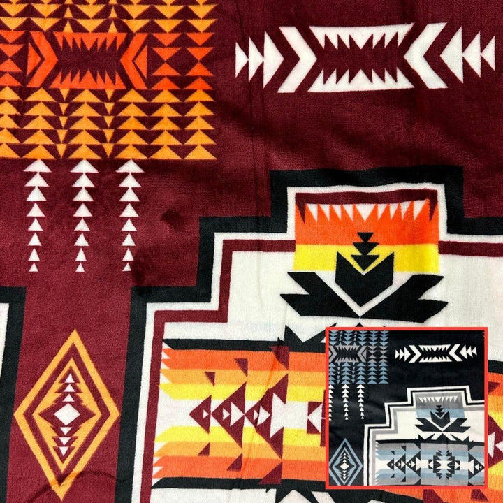 Maroon Geo-Storm Reversible Native-Inspired Satin-Touch Blanket with vibrant Southwestern geometric designs.