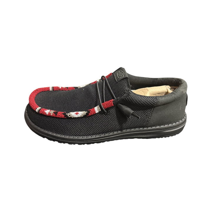 Side view of the men’s size 8 black Hey Dude Wally shoes and their red, white, tan and black beadwork.