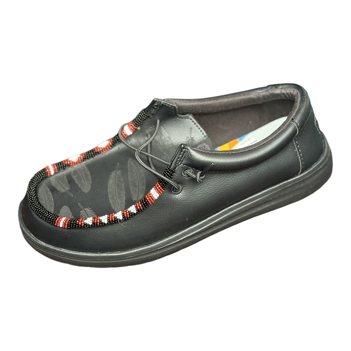 Men’s size 8 black leather Hey Dude Wally with laser-engraved feathers and black, red and white hand-beaded trim — leather side detail