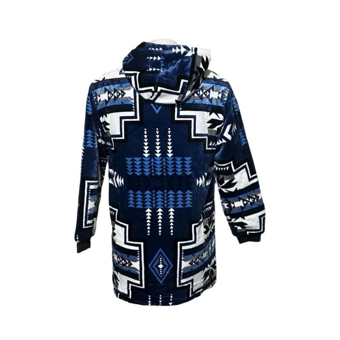 Back view of the navy Geo-Storm Long Satin-Touch Southwestern Style Jacket with layered blue Southwestern geometric artwork.