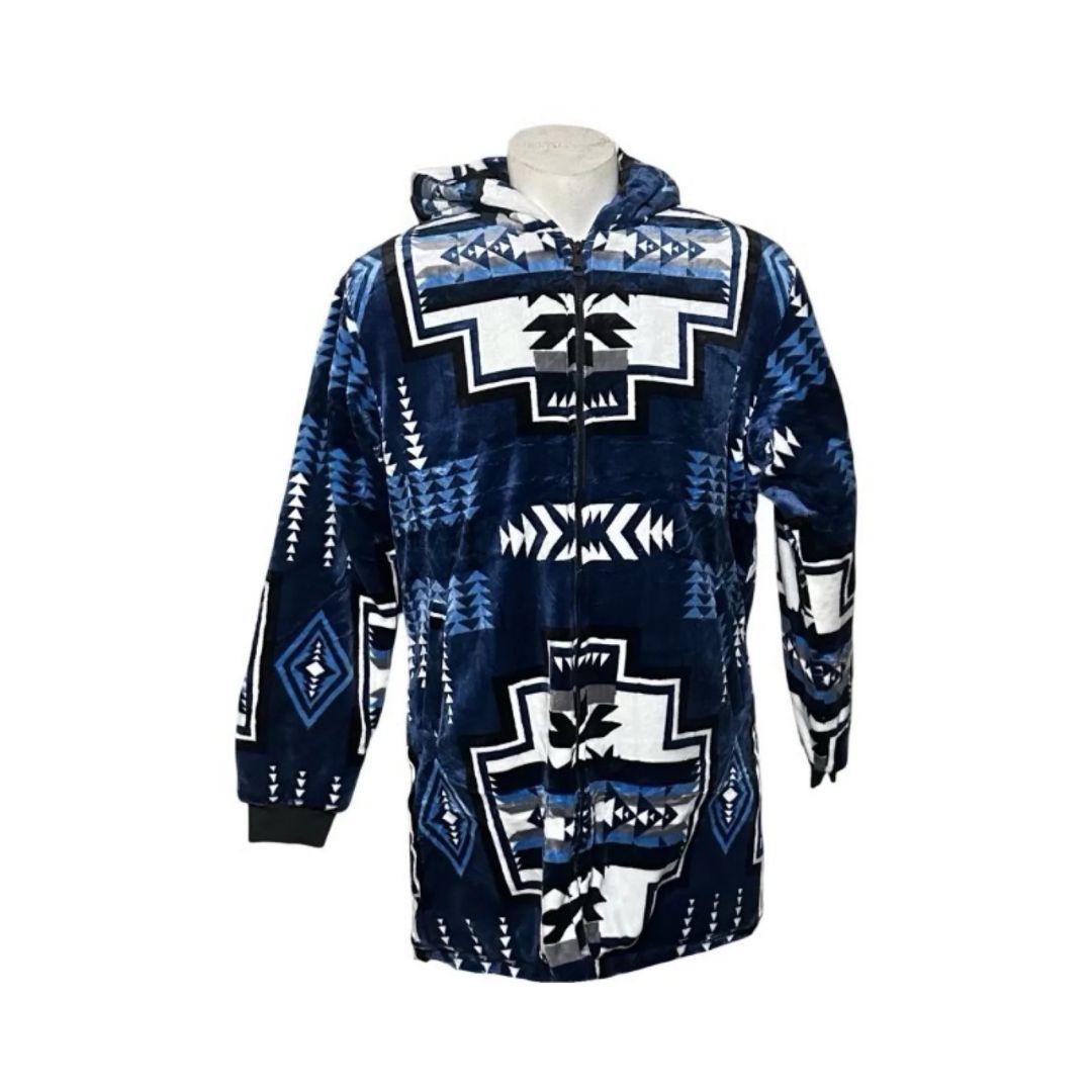 Front view of the navy Geo-Storm Long Satin-Touch Southwestern Style Jacket with blue and white Southwestern geometric patterns and hooded zip-up design.
