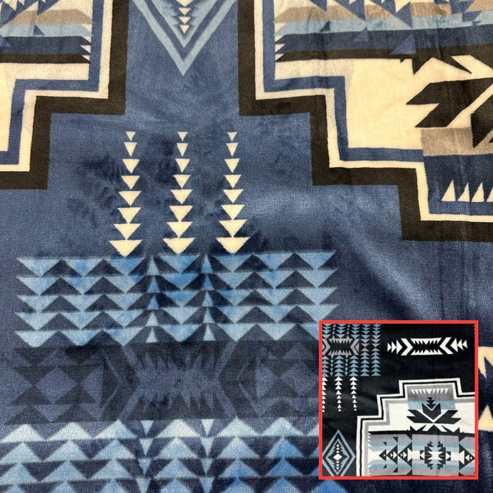 Navy Geo-Storm Reversible Native-Inspired Satin-Touch Blanket with vibrant Southwestern geometric designs.