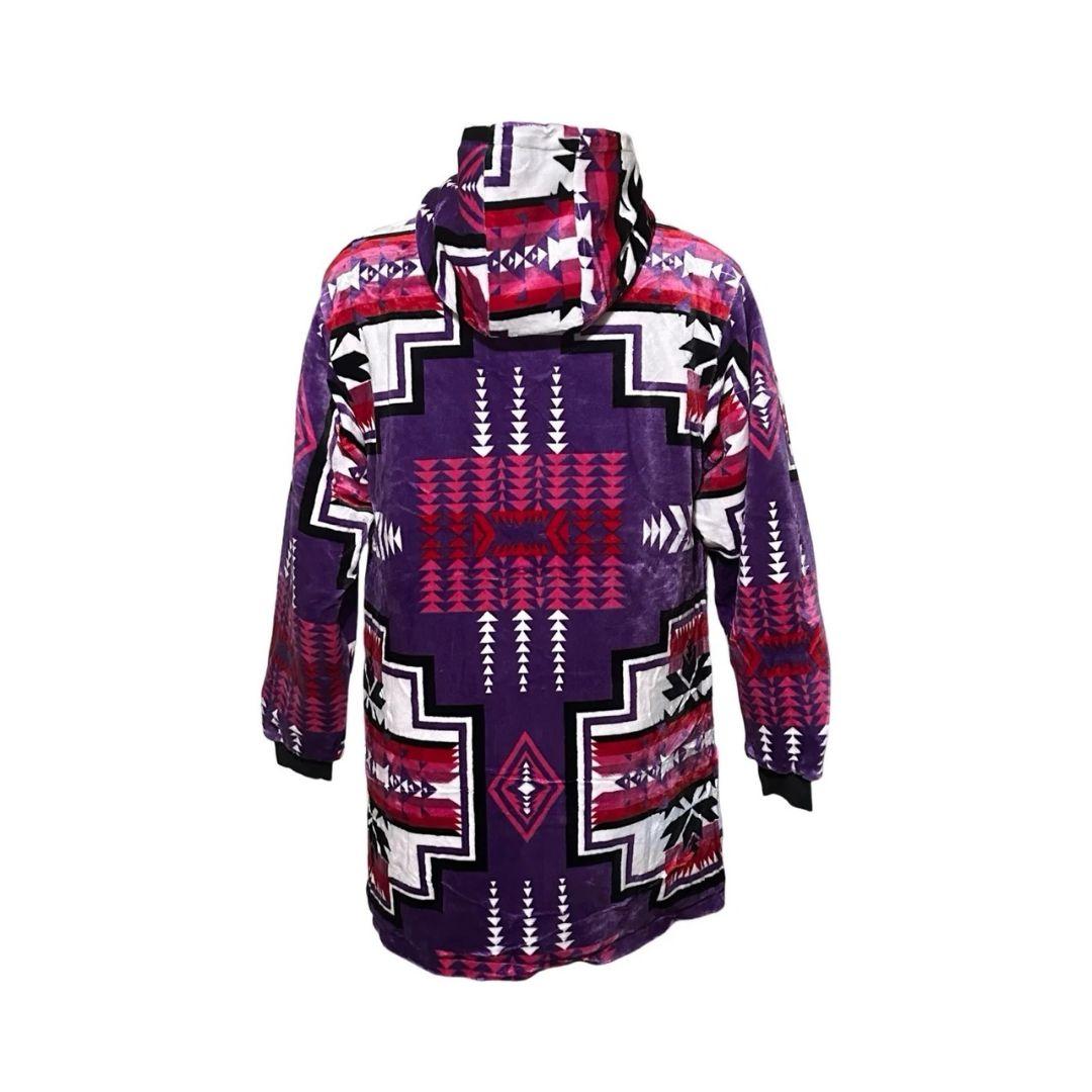 Back view of the purple Geo-Storm Long Satin-Touch Southwestern Style Jacket featuring bold Native-inspired geometric artwork in purple, pink, black, and white.
