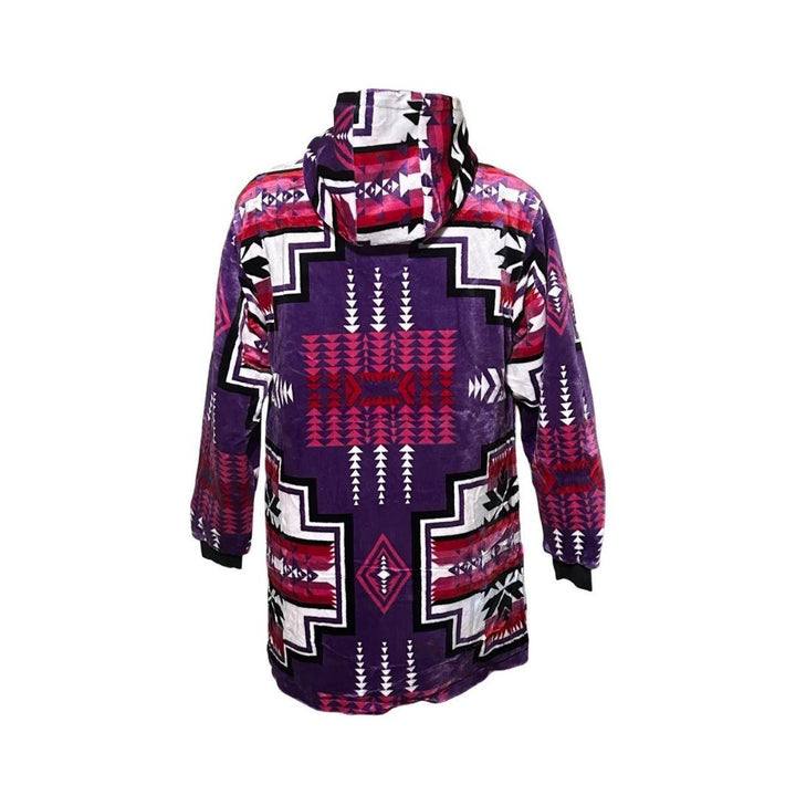 Back view of the purple Geo-Storm Long Satin-Touch Southwestern Style Jacket featuring bold Native-inspired geometric artwork in purple, pink, black, and white.
