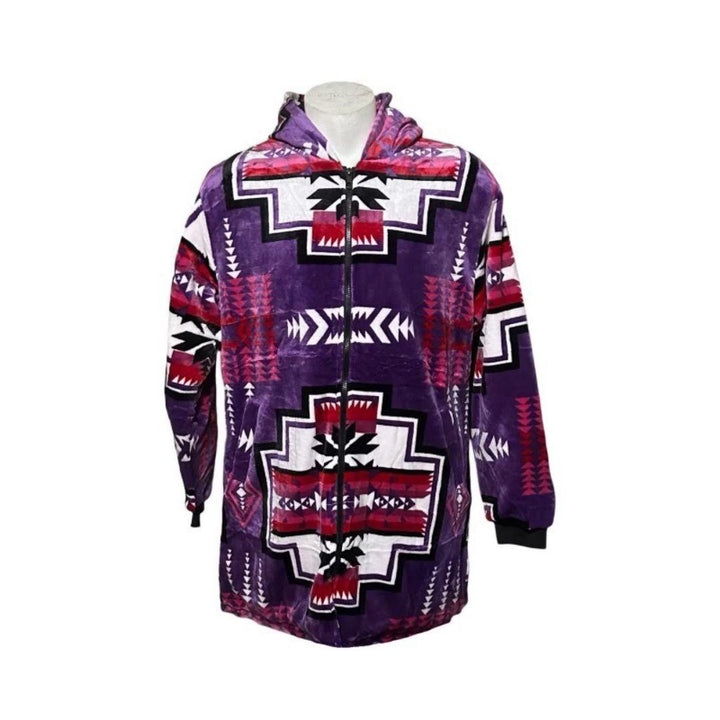 Front view of the purple Geo-Storm Long Satin-Touch Southwestern Style Jacket featuring vibrant Native-inspired geometric textile designs.