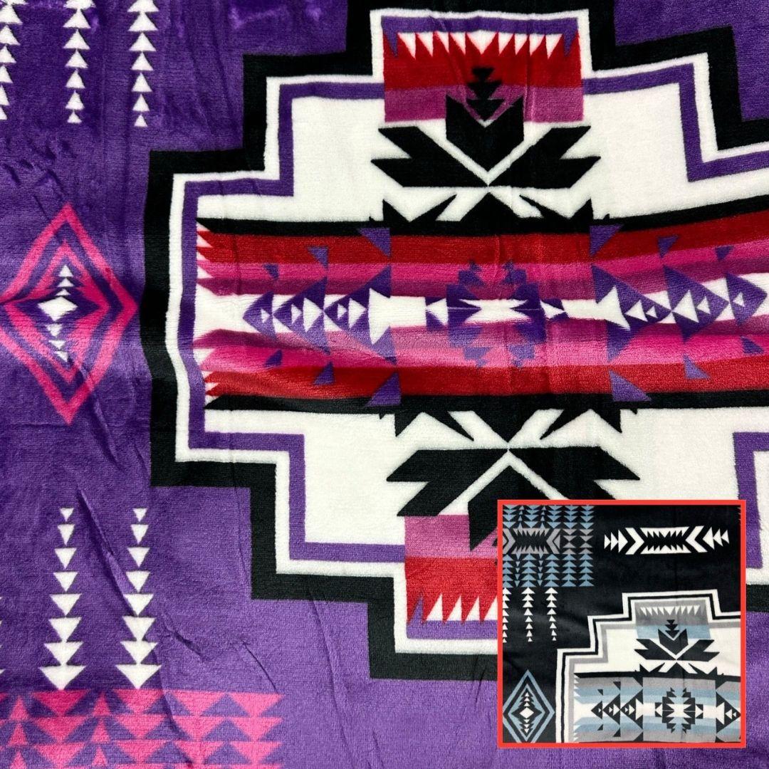 Purple Geo-Storm Reversible Native-Inspired Satin-Touch Blanket with vibrant Southwestern geometric designs.