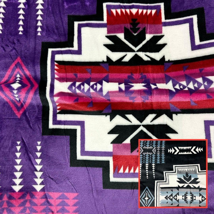 Purple Geo-Storm Reversible Native-Inspired Satin-Touch Blanket with vibrant Southwestern geometric designs.