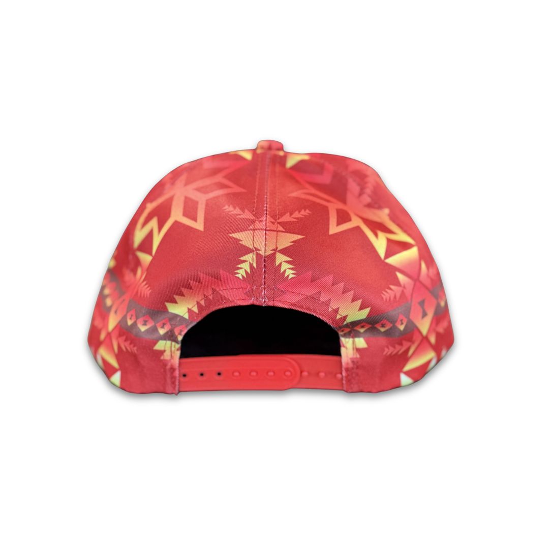 Back view of red adjustable snapback hat featuring all-over southwest geometric tribal-inspired print.