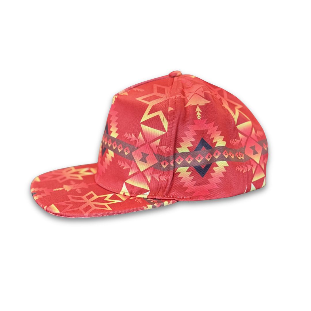 Angled side profile of red southwest patterned flat bill snapback hat with structured fit and flat brim.