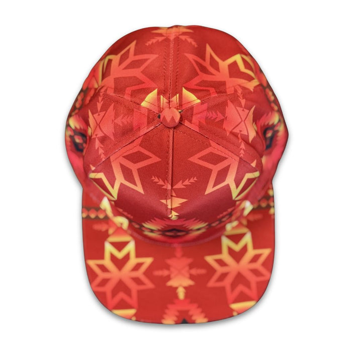 Top view of red flat brim snapback cap showing symmetrical southwest geometric pattern details.