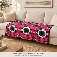 AI-generated styled visualization of the Hot Pink Star Toddler blanket on an ivory sofa; approximate blanket measurements 64 by 37 inches. Styling illustration, not a photograph of actual fit.