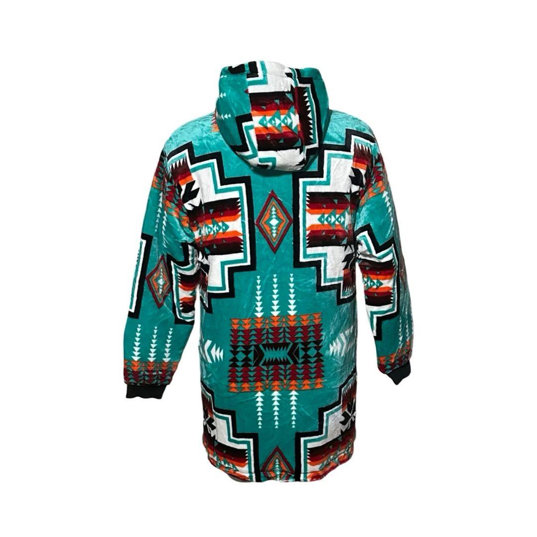 Back view of the teal Geo-Storm Long Satin-Touch Southwestern Style Jacket with Southwestern tribal-inspired pattern details.