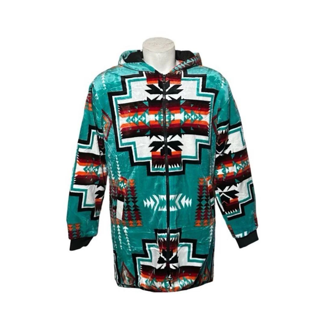 Front view of the teal Geo-Storm Long Satin-Touch Southwestern Style Jacket with orange and black Southwestern geometric designs.