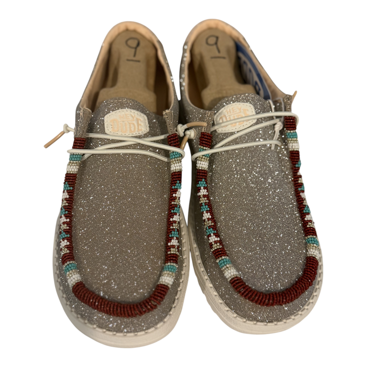 Hey Dude Wendy Metallic Sparkle shoes, size 9, with brick, turquoise, white and gold hand-beaded trim — view 1
