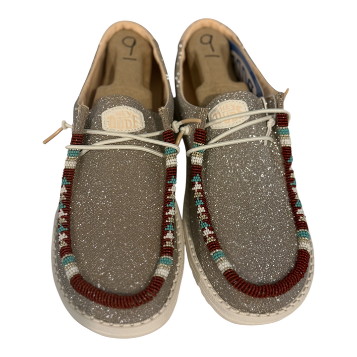 Hey Dude Wendy Metallic Sparkle shoes, size 9, with brick, turquoise, white and gold hand-beaded trim — view 1