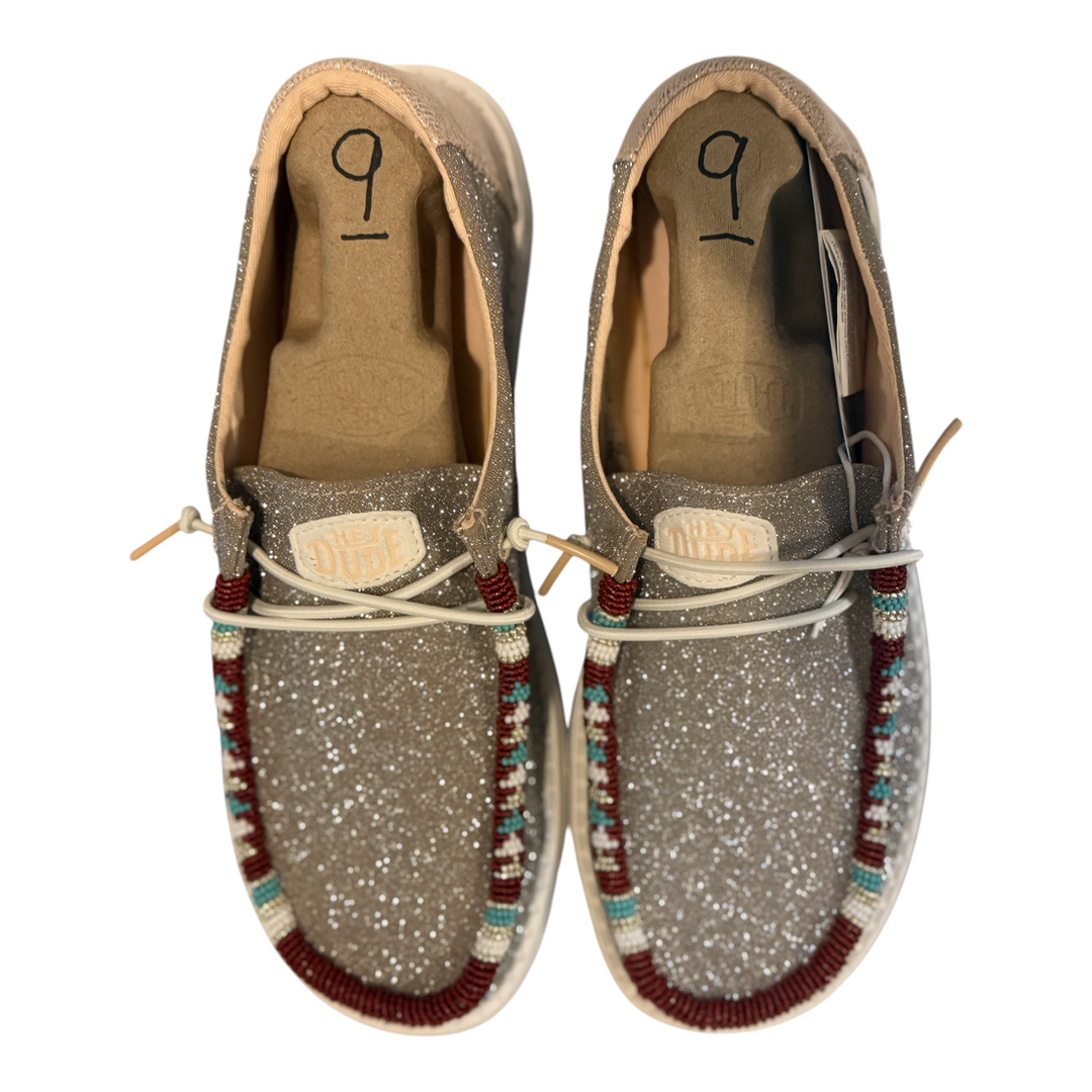 Hey Dude Wendy Metallic Sparkle shoes, size 9, with brick, turquoise, white and gold hand-beaded trim — view 2