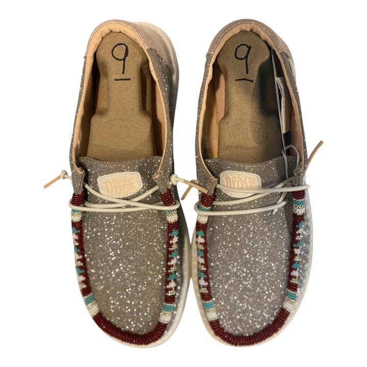 Hey Dude Wendy Metallic Sparkle shoes, size 9, with brick, turquoise, white and gold hand-beaded trim — view 2