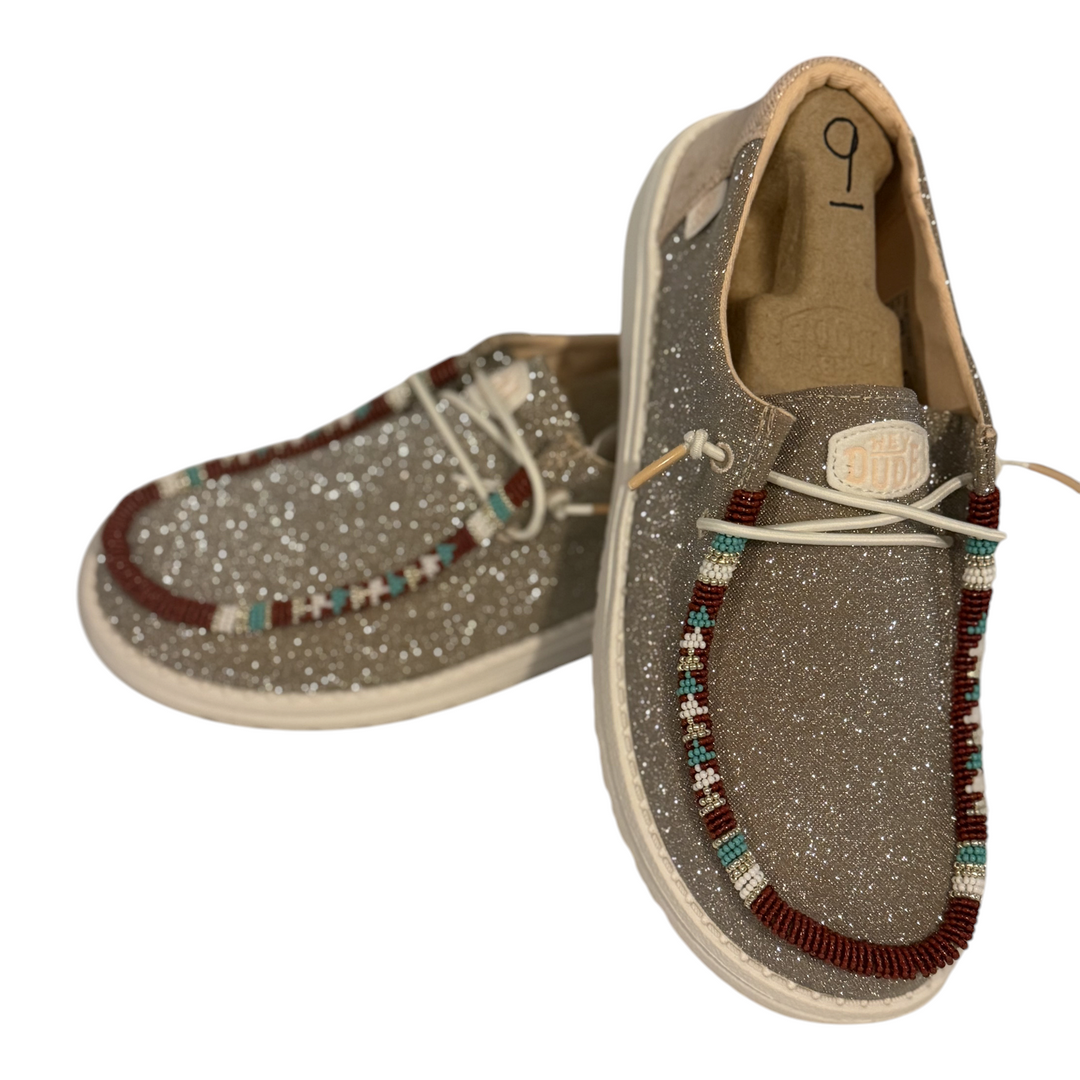 Hey Dude Wendy Metallic Sparkle shoes, size 9, with brick, turquoise, white and gold hand-beaded trim — view 3