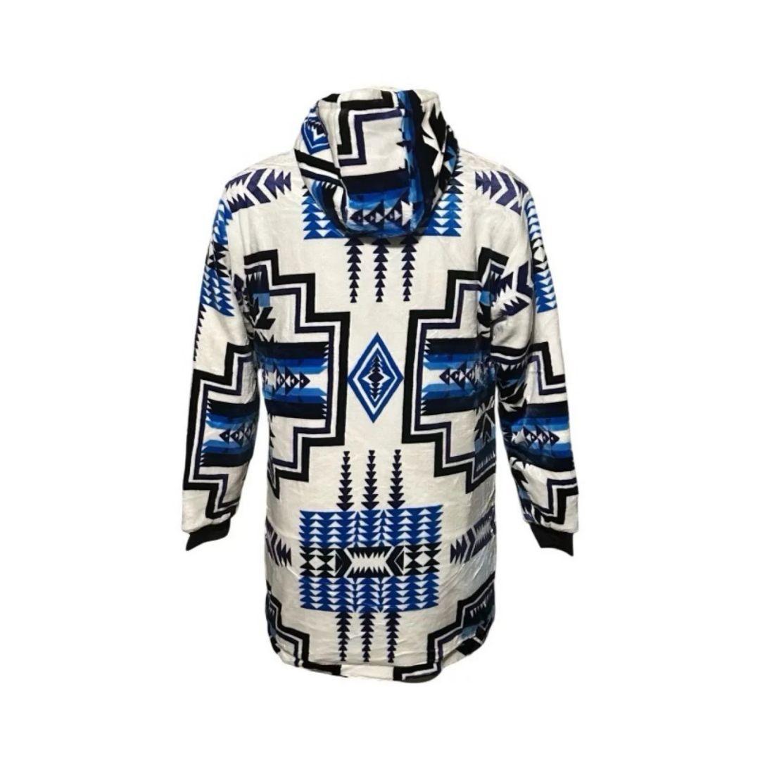 Back view of the white Geo-Storm Long Satin-Touch Southwestern Style Jacket with bold blue Southwestern geometric patterns.