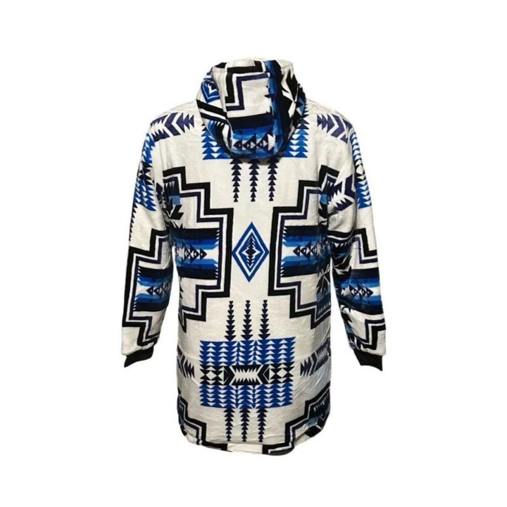 Back view of the white Geo-Storm Long Satin-Touch Southwestern Style Jacket with bold blue Southwestern geometric patterns.