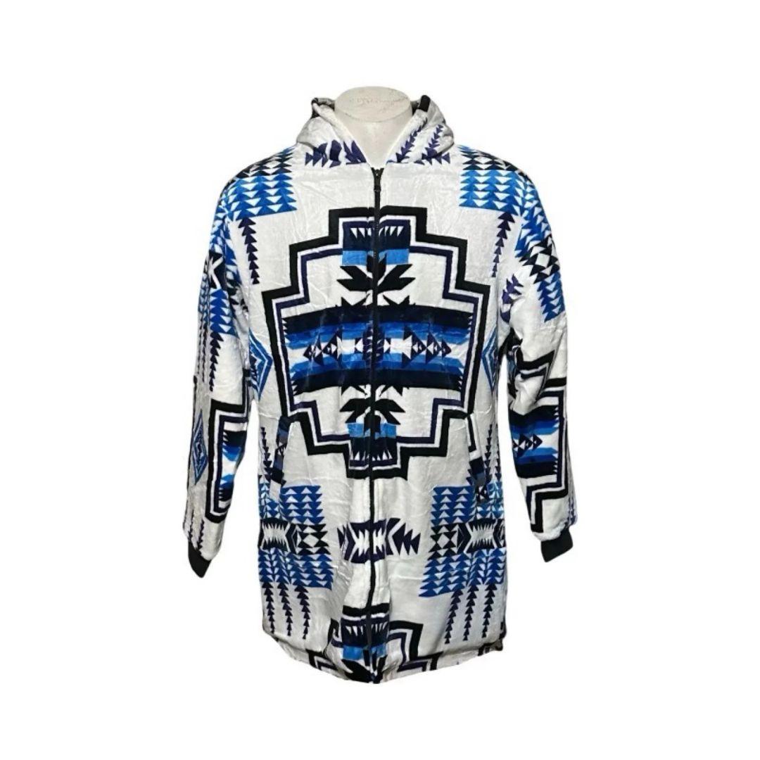 Front view of the white Geo-Storm Long Satin-Touch Southwestern Style Jacket featuring blue Native-inspired geometric artwork and hooded zip-up design.