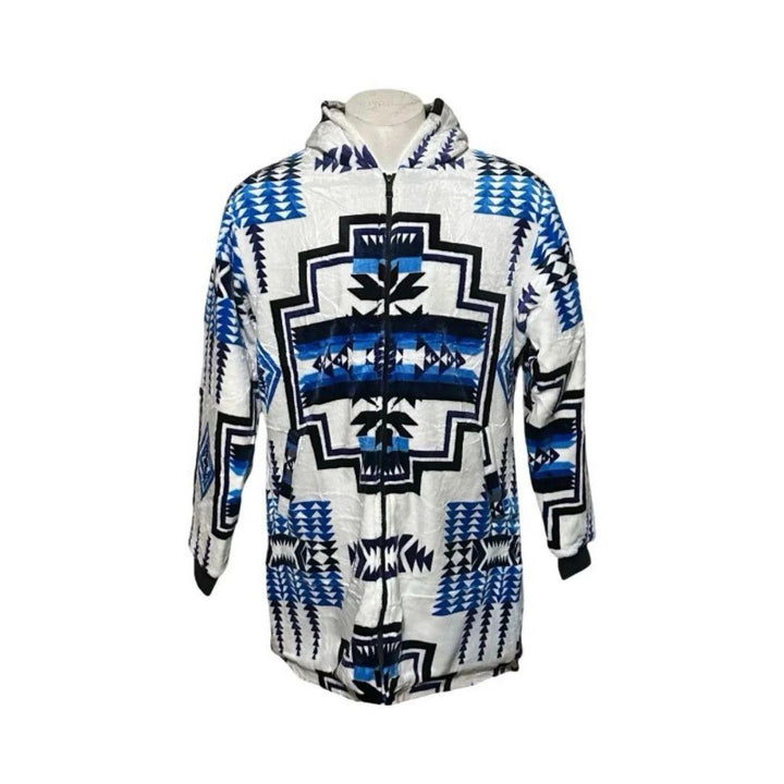 Front view of the white Geo-Storm Long Satin-Touch Southwestern Style Jacket featuring blue Native-inspired geometric artwork and hooded zip-up design.