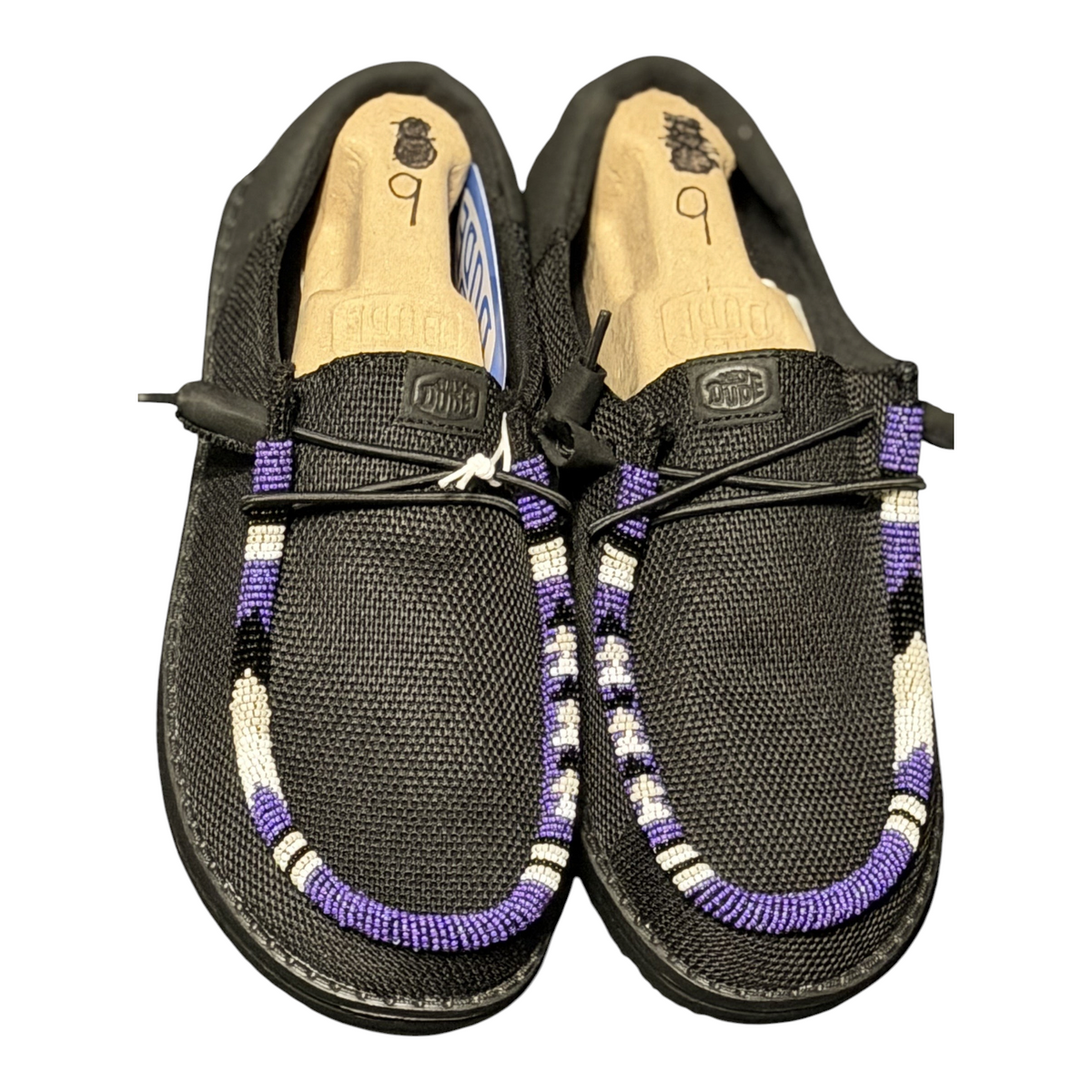 Women’s size 9 black Hey Dude Wendy shoes with purple, white and black hand-beaded trim — whole pair size nine
