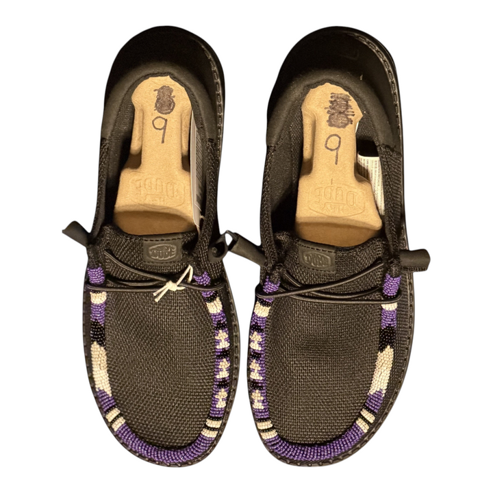 Women’s size 9 black Hey Dude Wendy shoes with purple, white and black hand-beaded trim — toe beadwork detail